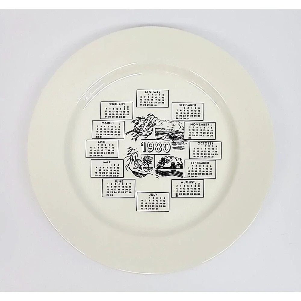 1980 Four Seasons Calendar Collectible White Plate with Black Print 10.25